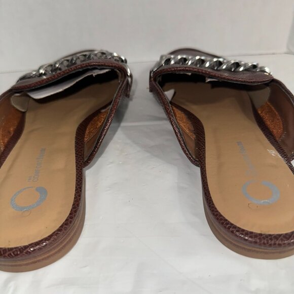 Brown Croc-Embossed Faux Leather Mules With Silver Chain Accent - Picture 4 of 5
